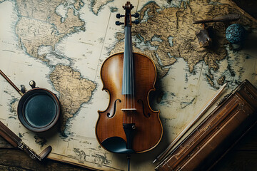 Musical journey, violin and antique map, evoking travel and artistry