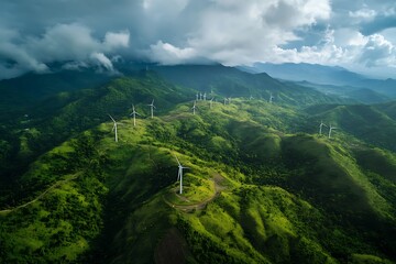 Obraz premium Panoramic View of Wind Turbines on Lush Green Mountains under Cloudy Skies A Symbol of Sustainable Energy and Environmental Conservation