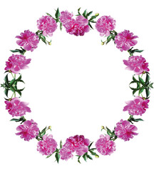 Decorative photographic peonies wreath illustration, floral spring-summer background, romantic template for design.