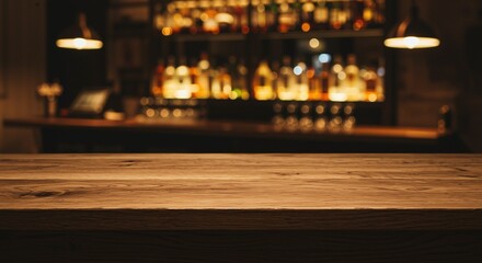 Wooden bar top featuring elegant lighting and blurred bottles in the background creating a warm and inviting atmosphere