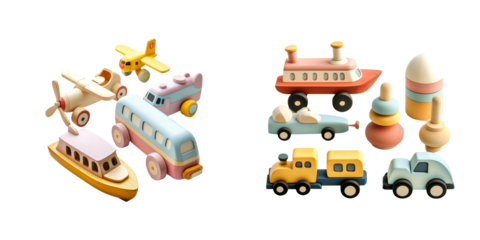 Colorful Wooden Toy Vehicles and Airplanes for Children Playtime