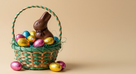 Chocolate bunny in a colorful woven basket filled with shiny chocolate eggs, exuding a festive and playful atmosphere against a soft beige background