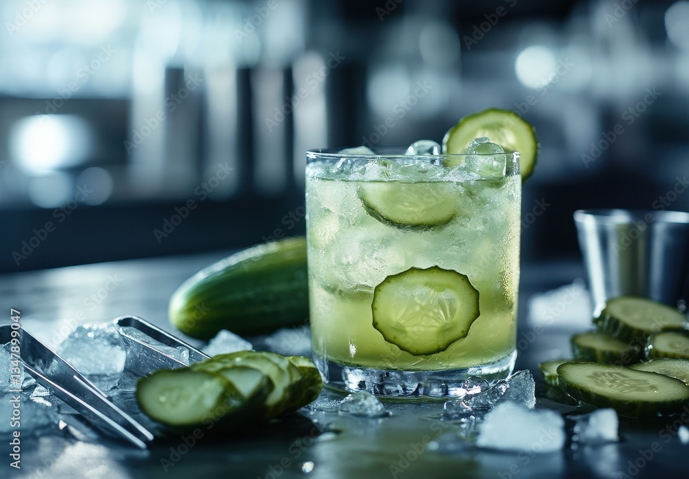 Poster refreshing cucumber cocktail with ice in glass surrounded by sliced cucumbers and garnishes on a rus