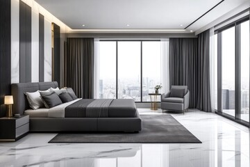 Fototapeta premium Contemporary bedroom interior design with large windows and modern furniture