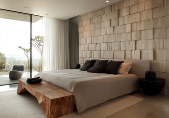 Beautiful modern bedroom showcasing a stylish bed and textured feature wall