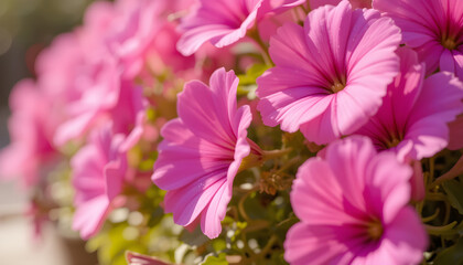 Fototapeta premium Close-up of vibrant pink petunias in sunlight