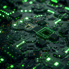 Obraz premium A dark futuristic motherboard illuminated by bright green neon lights, featuring a highly advanced AI-powered chipset.