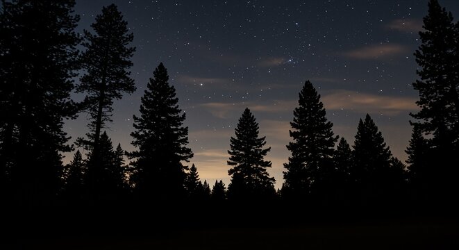 Silhouette of tall evergreen trees against a starry night sky with subtle clouds conveying a serene and peaceful atmosphere representing the beauty of nature