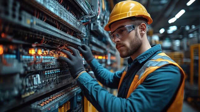 An electrician is focused on connecting wires within a complex electrical panel inside an industrial facility. Safety gear is worn, ensuring protection while working on the job