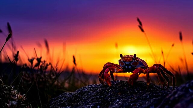 Vibrant sunset with a halloween crab on a rock amidst tall grass by the shore