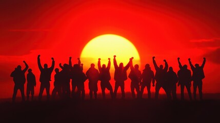 Fototapeta premium International Workers' Day. International Workers' Day. Silhouette of a Diverse Group of People Celebrating at Sunset