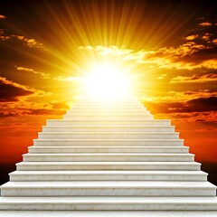 A breathtaking marble staircase, bathed in warm golden light, rising into the clouds under a glowing sunset, AI Generated