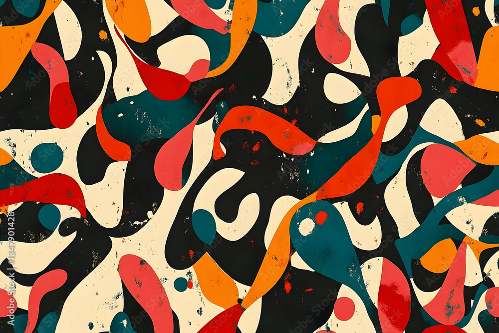Poster retro abstract shapes pattern design with bold colors creating a dynamic vibrant fluid visual