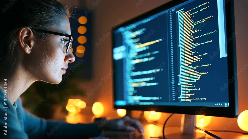 Poster a female hacker intensely programs malicious software in a dimly lit basement.