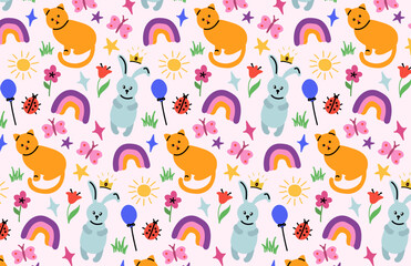 happy, multicolored, drawn, color, cat, graphic, kids, flower, gift, childish, star, colorful, doodle, bright, print, texture, childhood, white, seamless, cute, paper, hand, art, wallpaper, sketch, fu