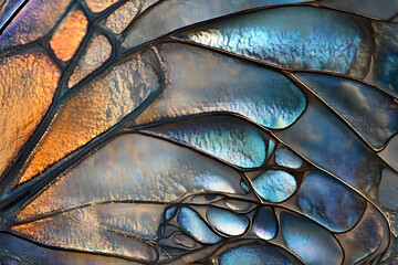 Fototapeta premium Abstract butterfly wing close-up with iridescent scales and intricate veining detail showcasing vibrant colors and delicate patterns creating a mesmerizing visual experience