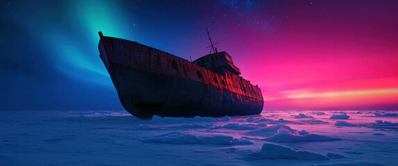 Fototapeta premium rusted shipwreck on barren ice tundra at night, illuminated by vibrant auroras and colorful sky, evokes sense of mystery and desolation