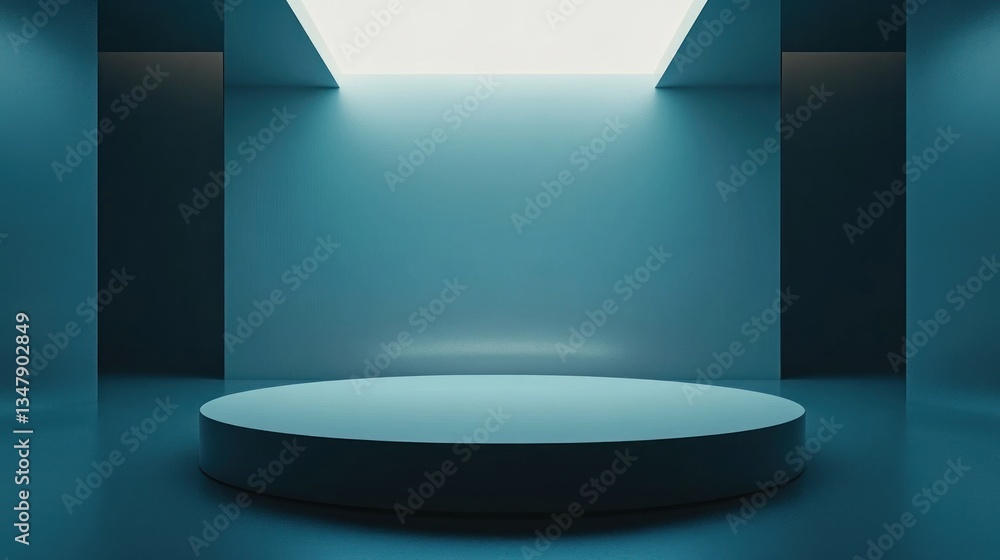 Poster a floating podium in a futuristic spaceship.