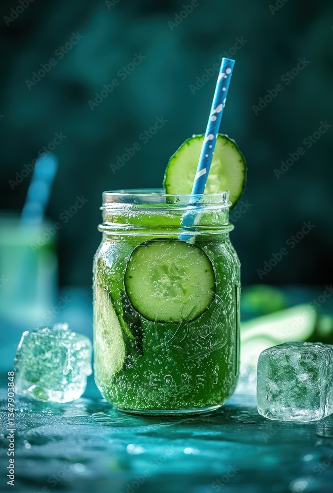 Poster refreshing green beverage in mason jar with cucumber slices and ice cubes on a cool background