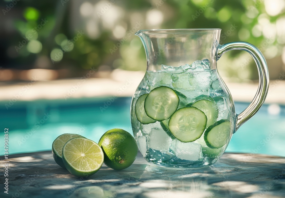 Aufkleber refreshing glass pitcher with cucumber slices and ice near poolside with vibrant green background on