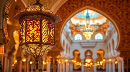 Obraz premium Ornate Lantern Illuminates Grand Mosque Interior