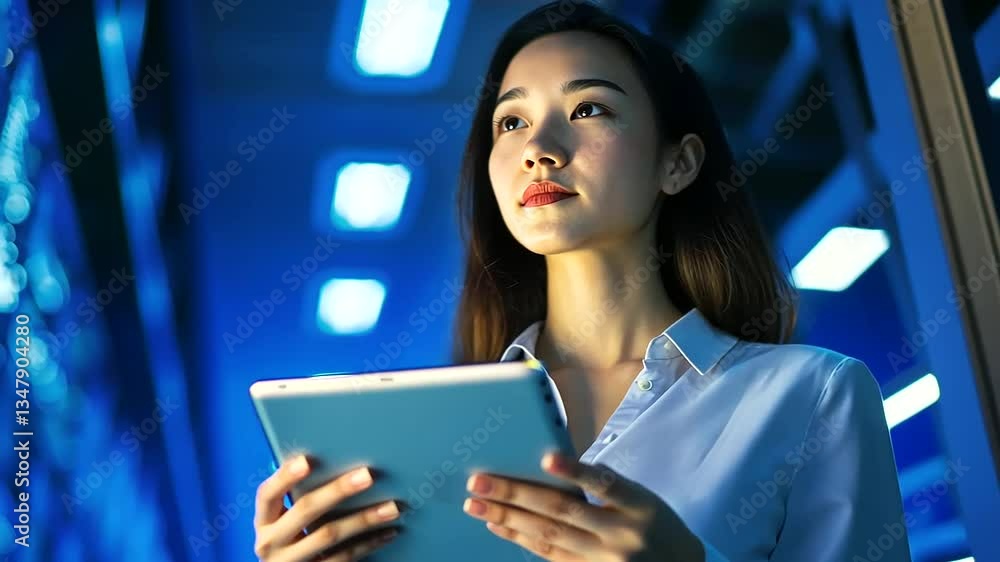 Poster asian female engineer working on network security with a tablet in a server room.