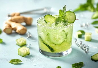 Refreshing Green Cucumber Cocktail with Mint Garnish on Light Background, Perfect for Summer Gatherings and Healthy Lifestyle Refreshment Ideas