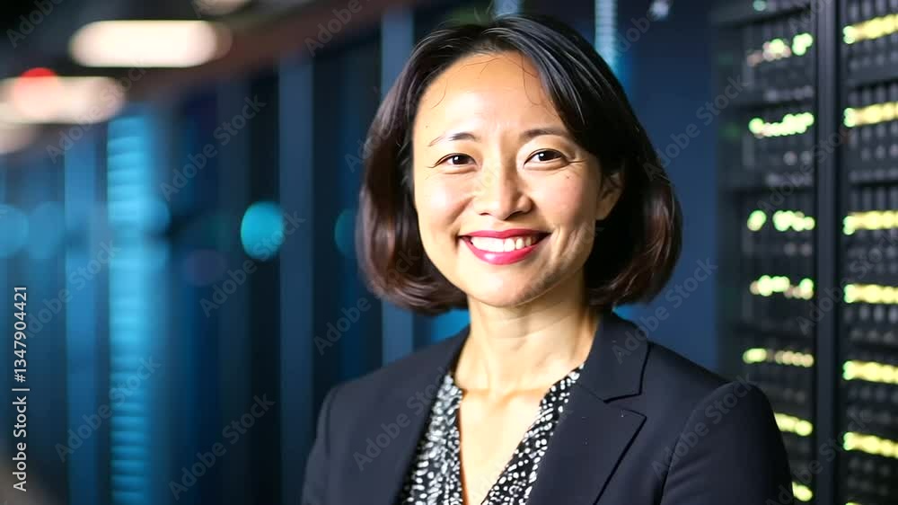 Poster asian woman efficiently overseeing cloud computing operations in a high-tech server room.