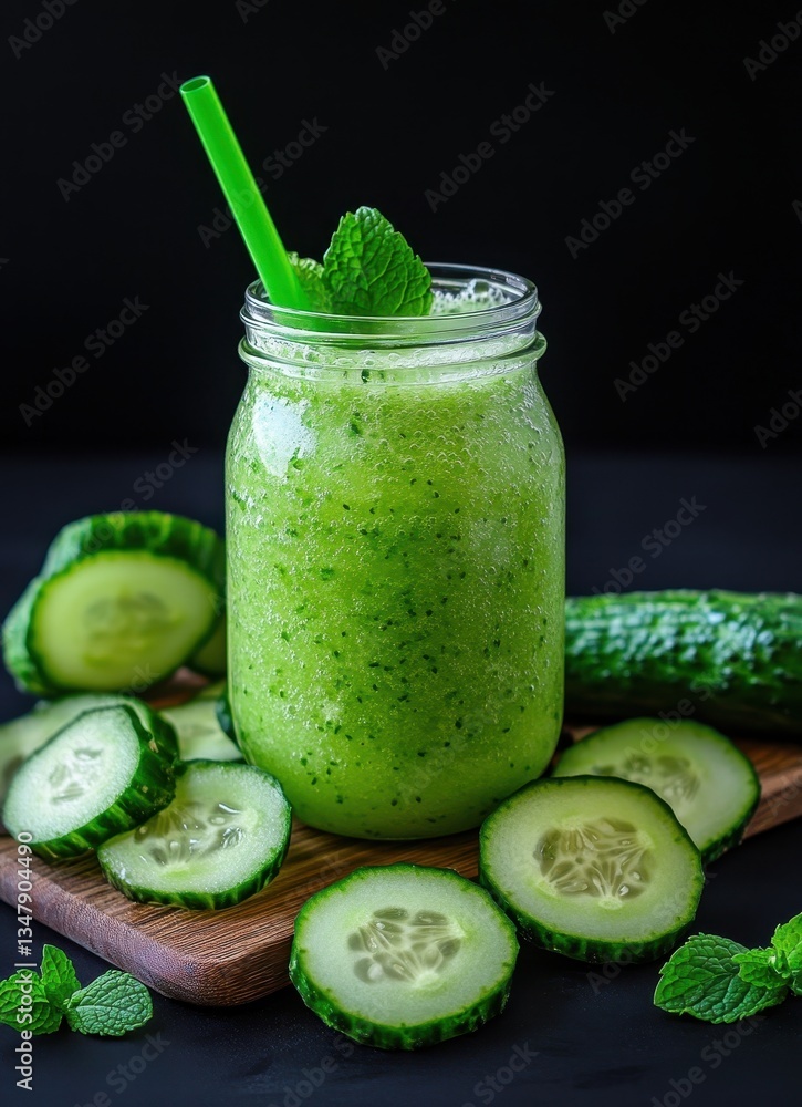 Poster refreshing green cucumber smoothie with mint garnish in mason jar surrounded by fresh slices of cucu