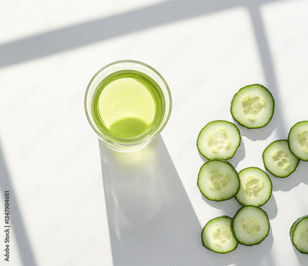 Poster refreshing green drink with fresh sliced cucumbers, sunlight casting soft shadows on minimalistic wh