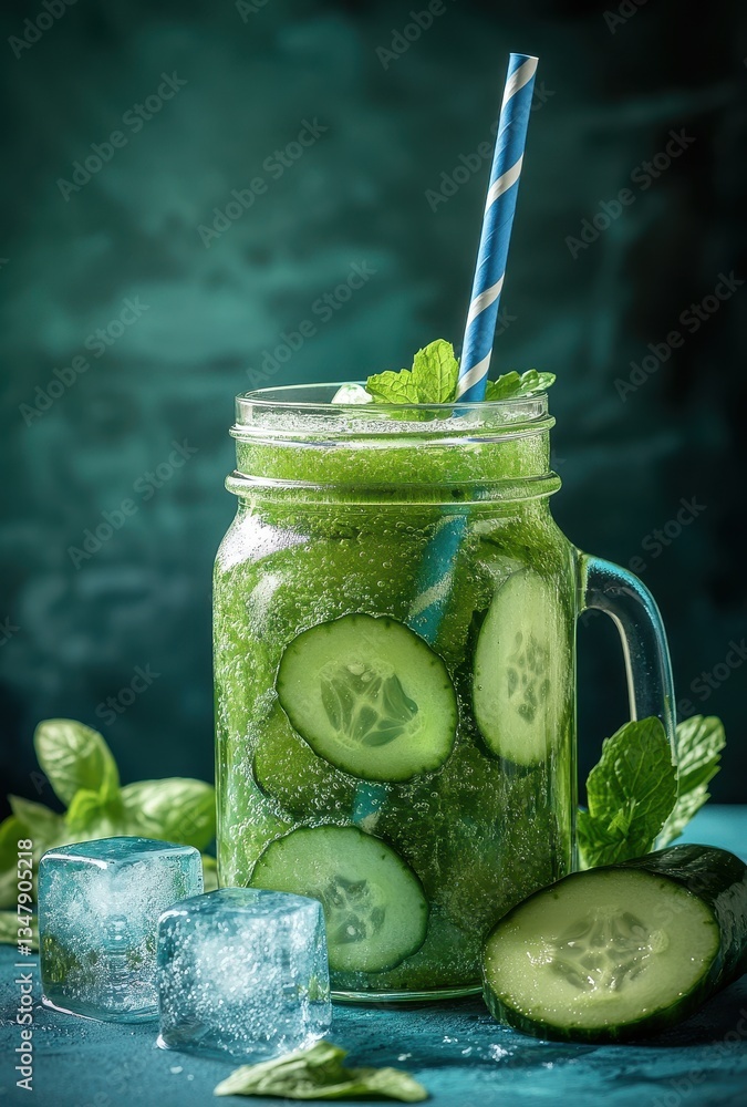 Poster refreshing green smoothie with cucumber slices, mint sprigs, and ice cubes in a mason jar with a blu