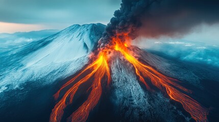 Fiery eruption from snow-capped peak.  Molten lava flows from volcano
