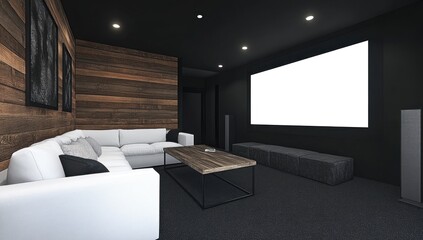 Modern home theater room showcasing a large projector screen with seating