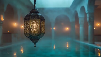 Ornate Lantern Hangs Above Serene Indoor Pool