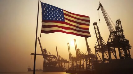 American Flag Waving Proudly Over a Busy Port at Sunset: A Symbol of Global Trade and Economic Strength