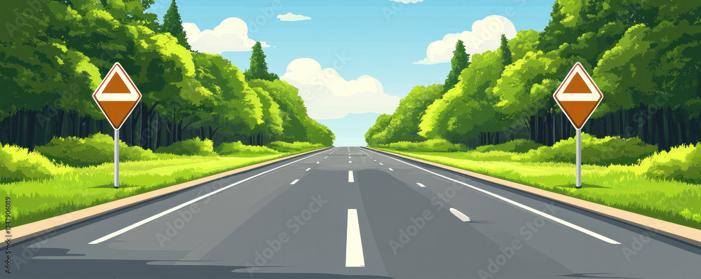 Poster a road with two signs, one on the left side that says 