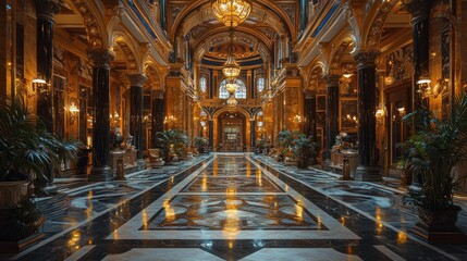 Fototapeta premium Opulent hall features marble floors, golden trim, chandeliers.