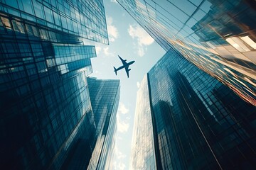 Airplane flying over modern skyscrapers in business district