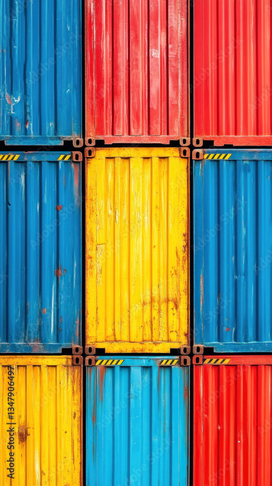 Poster a row of colorful shipping containers with yellow and red stripes. the containers are stacked in a p