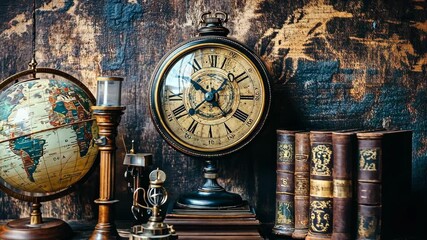 Antique clock and globe displayed on wooden shelf with leather-bound books in cozy interior setting - Powered by Adobe