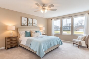 A well decorated bedroom with various furniture and decor