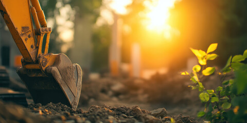 Excavator bucket digging soil at construction site during sunset, showcasing beauty of nature and machinery in harmony