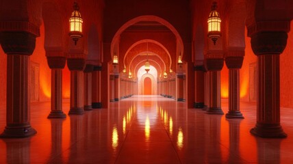 Illuminated Red Corridor With Ornate Columns And Arches