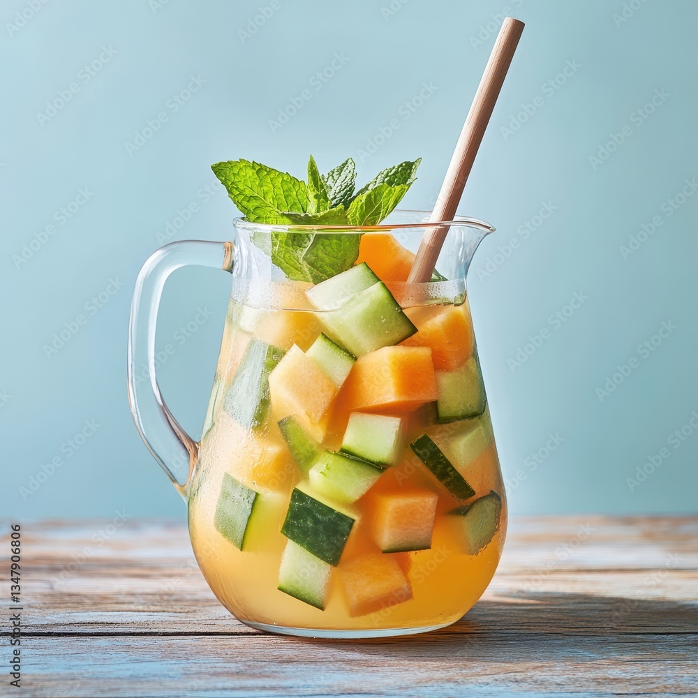 Poster refreshing melon drink with cantaloupe and cucumber in clear pitcher garnished with mint on wooden t