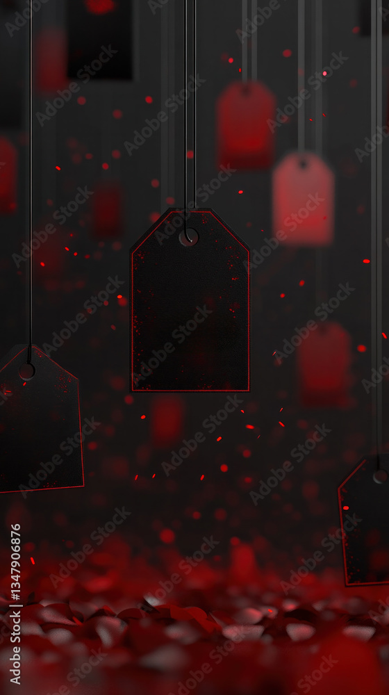 Poster a black and red background with many red tags hanging from the ceiling. the image has a dark and mys