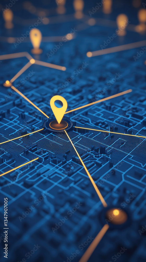 Poster a blue and yellow map with a yellow pin on it. the map is a representation of a city with many build