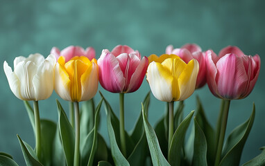 Colorful Tulip Flowers in a Row Against Teal Background, Springtime Floral Arrangement