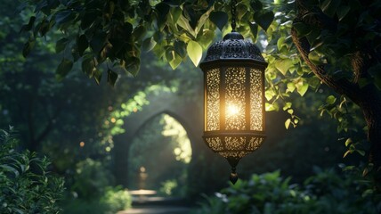 Illuminated Lantern Hanging In A Lush Green Forest