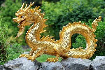 Obraz premium A detailed golden dragon statue rests on a stony outdoor surface