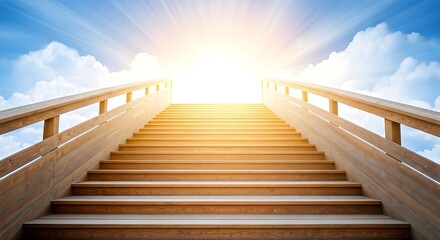 Fototapeta premium A wooden staircase surrounded by soft, heavenly light, leading toward the sky with clouds floating by, Ai Generated